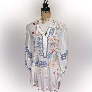 Biya Johnny Was Silk White Colorful Embroidered Henley Button Tunic Blouse S